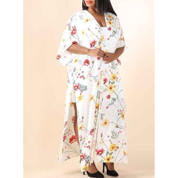 White Floral Kimono Cardigan Duster Maxi Tunic - Picture 4 of 5